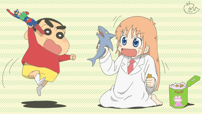 1boy, 1girl, black_eyes, black_hair, blonde_hair, blue_eyes, checkered, checkered_background, cookie, crayon_shin-chan, food, kyanoko, labcoat, necktie, nichijou, nohara_shinnosuke, polka_dot, polka_dot_background, professor_shinonome, toy