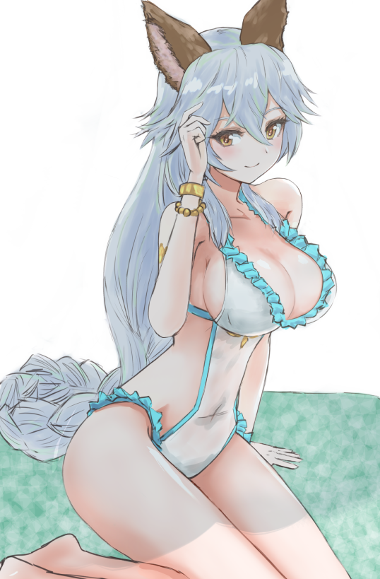 1girl, animal_ears, blue_hair, breasts, cleavage, granblue_fantasy, heles, kitsuka_(kitsuka_11), kneeling, large_breasts, long_hair, simple_background, smile, solo, very_long_hair, white_background, yellow_eyes