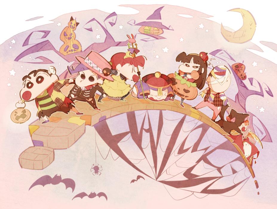 3boys, 3girls, angry, animal_costume, annoyed, baby, bare_tree, bat