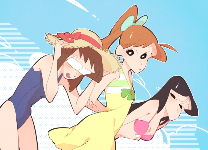 ageo_masumi, annoyed, aqua_ribbon, beach, bikini, black_eyes, black_hair, brown_hair