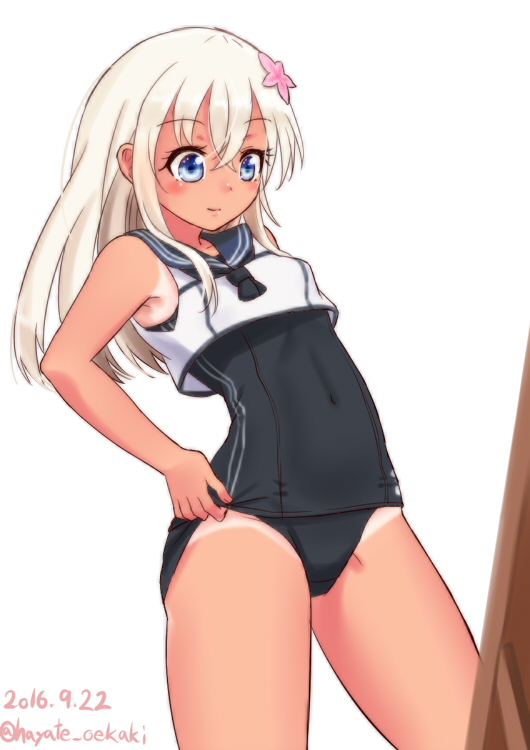 1girl, adjusting_clothes, adjusting_swimsuit, blonde_hair, blue_eyes, crop_top, flower, hair_flower