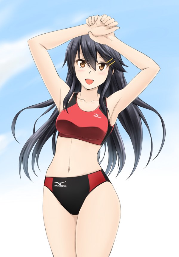 1girl, armpits, arms_up, black_hair, brown_eyes, buruma, fuuma_nagi, haruna_(kantai_collection)