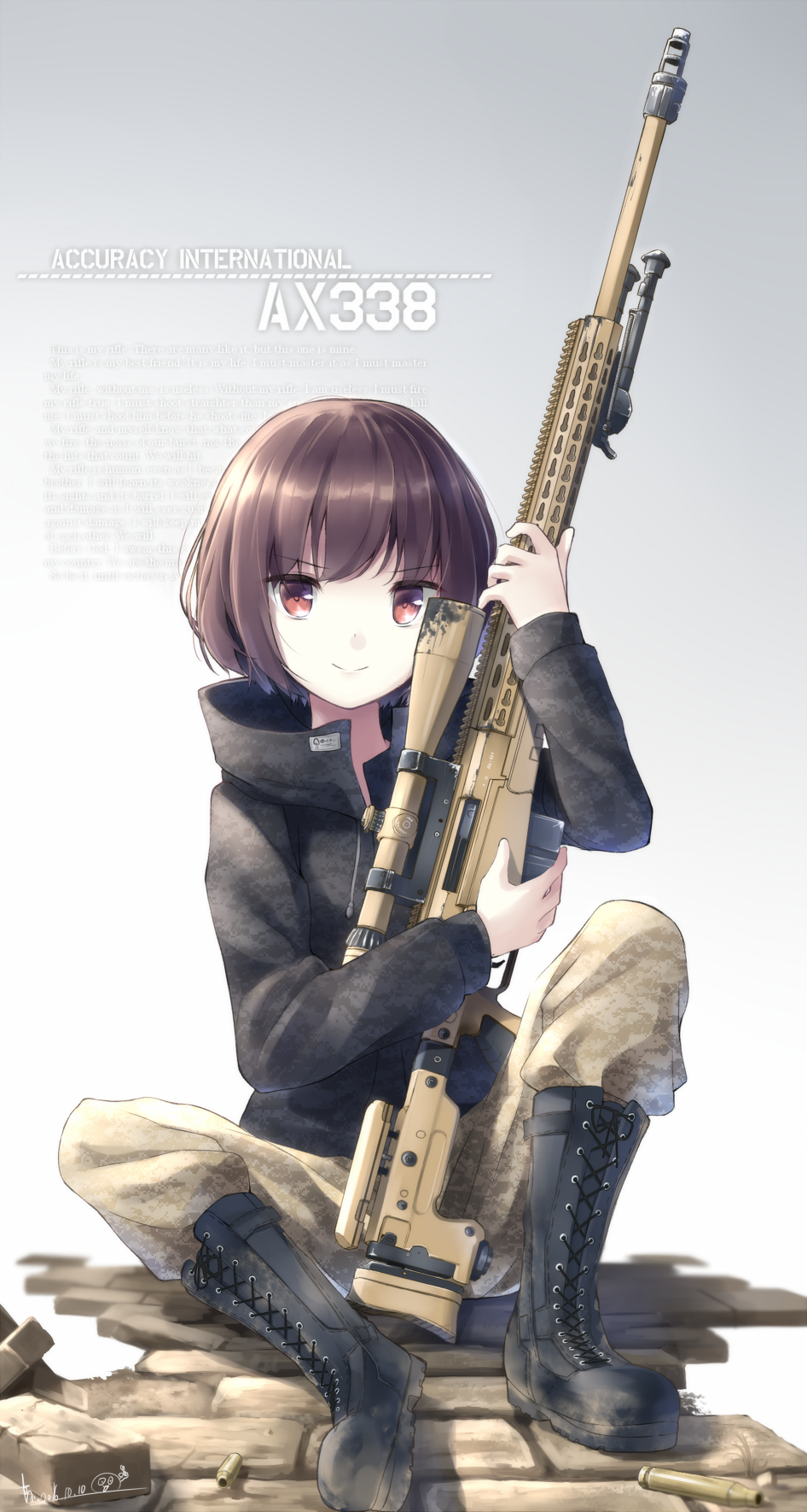 >:), 1girl, 2016, accuracy_international, ax338, bipod, boots, brick, brown_eyes, brown_hair, camouflage, dated, english, gradient, gradient_background, gun, highres, holding, holding_gun, holding_weapon, jacket, knees_up, long_sleeves, looking_at_viewer, makadamixa, military, original, pants, pavement, rifle, scope, shell_casing, shoelaces, short_hair, signature, sitting, smile, sniper_rifle, solo, weapon