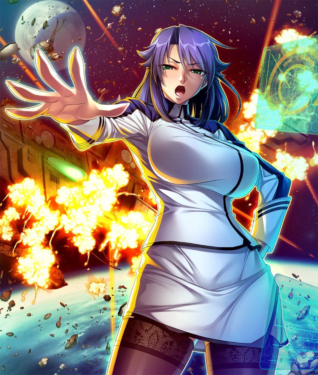 1girl, black_legwear, blue_hair, blush, breasts, explosion, green_eyes, highres, kangoku_senkan, lieri_bishop, lilith-soft, miniskirt, open_mouth, r-wade, side_slit, skirt, solo, space, space_craft, thigh-highs, uniform