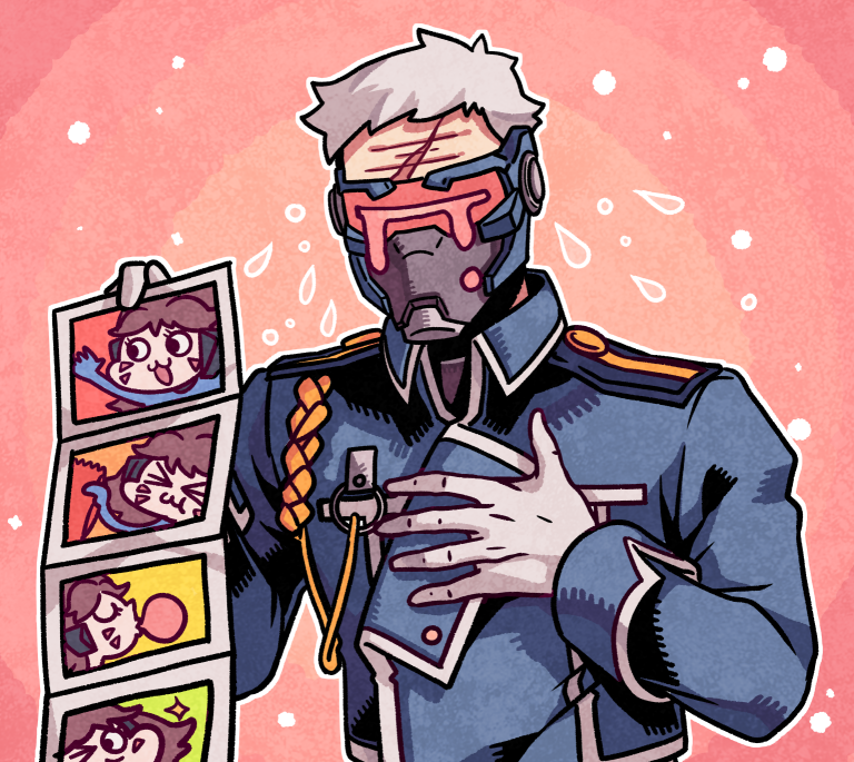 1boy, 1girl, blue_jacket, brown_eyes, brown_hair, bubble_blowing, bubblegum, commentary, covered_mouth, crying, d.va_(overwatch), facepaint, facial_mark, gloves, grey_hair, gum, hand_on_own_chest, headphones, jacket, long_sleeves, mask, military, military_jacket, military_uniform, one_eye_closed, overwatch, photo_(object), scar, scar_across_eye, short_hair, soldier:_76_(overwatch), sparkle, tears, uniform, upper_body, visor, wenny02, whisker_markings, white_gloves