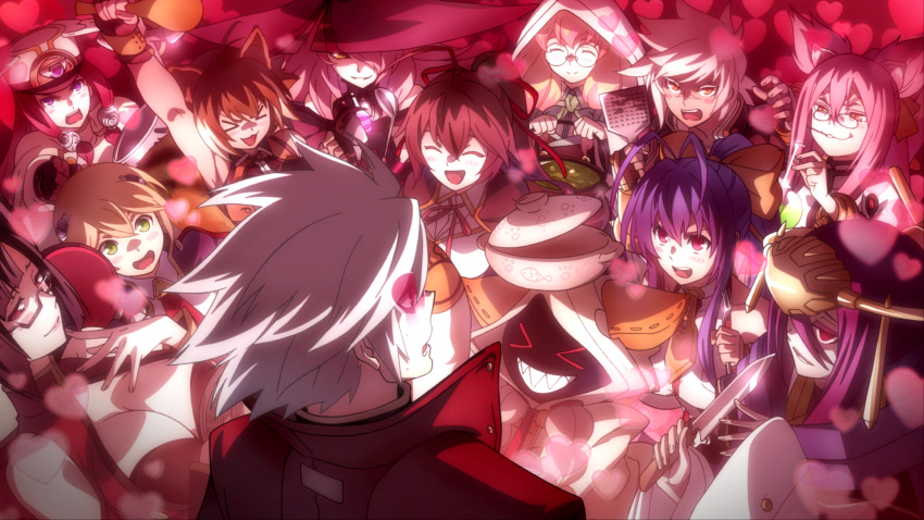 >_<, 1boy, 6+girls, ahoge, animal_ears, animal_hood, antenna_hair, baozi