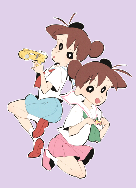 2girls, black_eyes, brown_hair, candy, crayon_shin-chan, dress, gun, handgun, happy, looking_at_viewer, mai, multiple_girls, outline, pistol, sailor_dress, sakura_mimiko, sakura_ririko, school_uniform, weapon, white_outline
