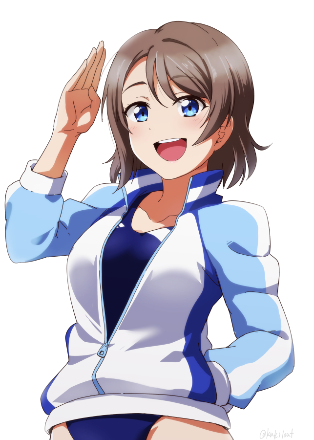 1girl, blue_eyes, breasts, brown_hair, competition_swimsuit, cowboy_shot, hand_in_pocket, jacket