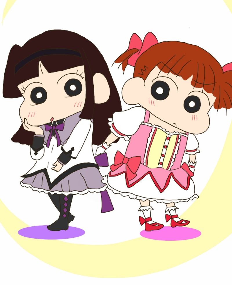 2girls, black_eyes, black_legwear, blush, brown_hair, couple, crayon_shin-chan, gloves, hair_ribbon, hairband, long_hair, magical_girl, mahou_shoujo_madoka_magica, multiple_girls, pantyhose, parody, pink, purple, redhead, ribbon, sakurada_nene, skirt, suotome_ai, tied_hair, twintails