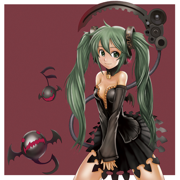 bare_shoulders, collar, detached_sleeves, green_eyes, green_hair, hatsune_miku, long_hair, monster