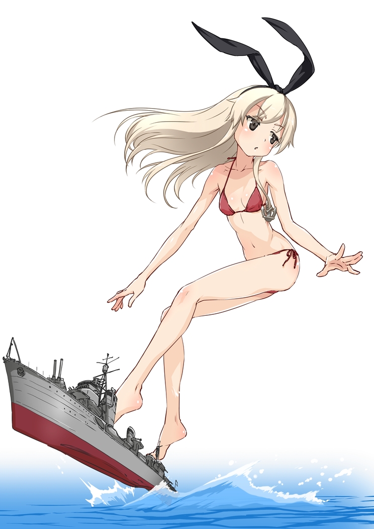 1girl, anchor_hair_ornament, bare_legs, bare_shoulders, bikini, blonde_hair, breasts, brown_eyes