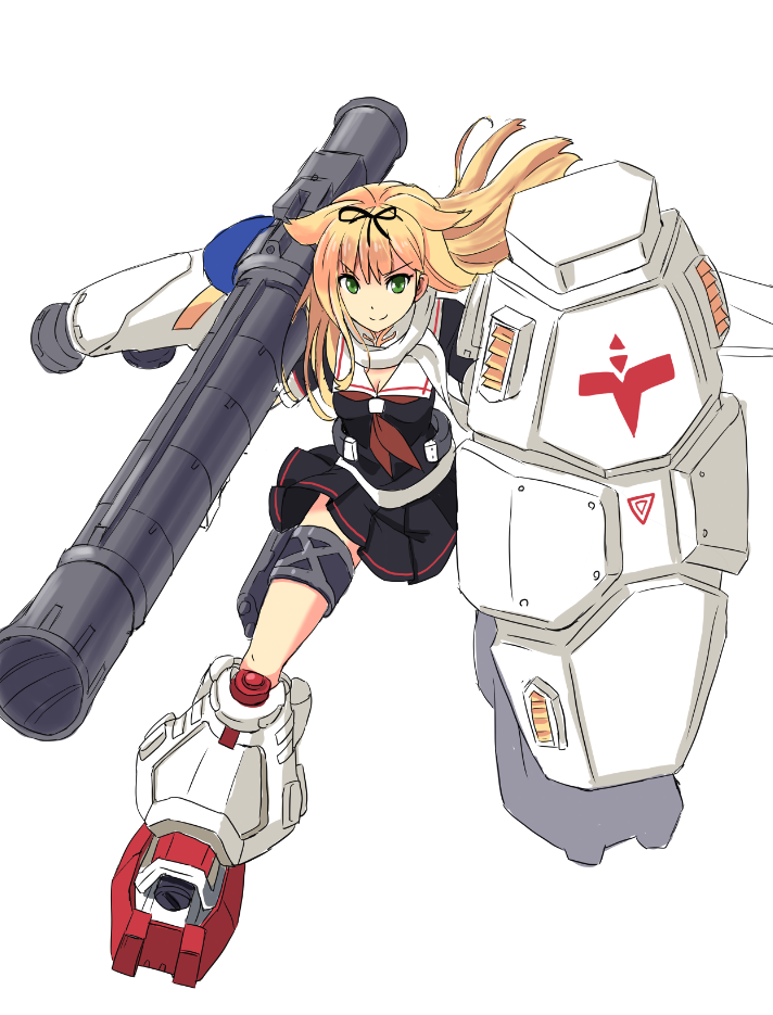 1girl, black_serafuku, blonde_hair, female, green_eyes, gundam, gundam_0083, gundam_gp-02_physalis