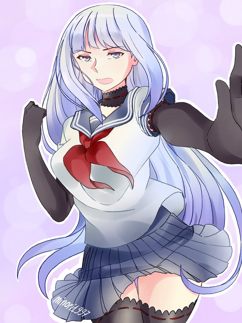 1girl, gloves, grey_eyes, legs, legs_together, megami_saiko, open_mouth, school_uniform