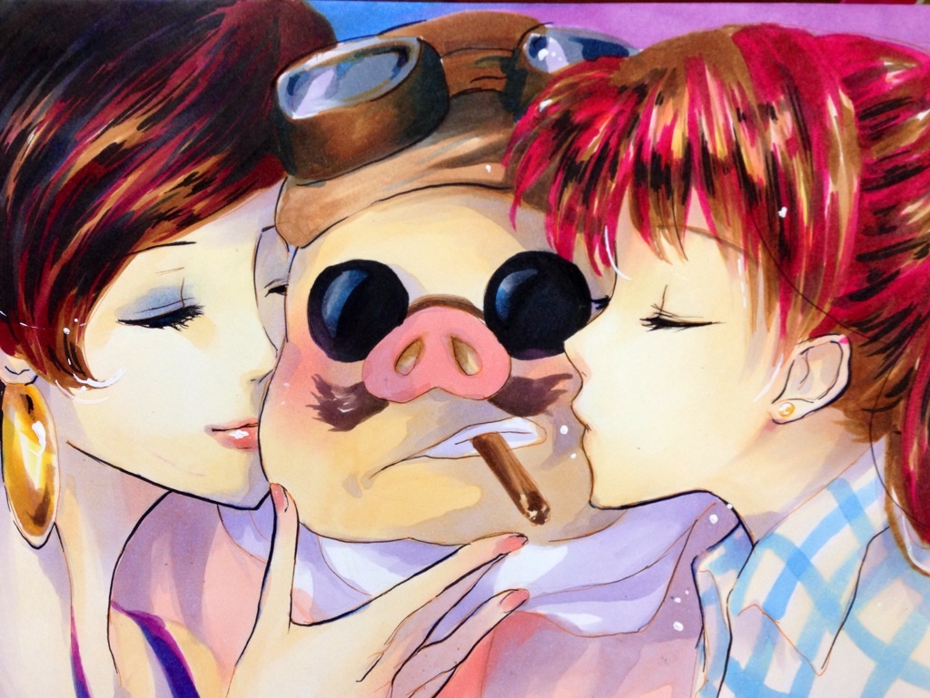 1boy, 2girls, aviator_cap, blush, brown_hair, checkered_shirt, cheek_kiss, cigar