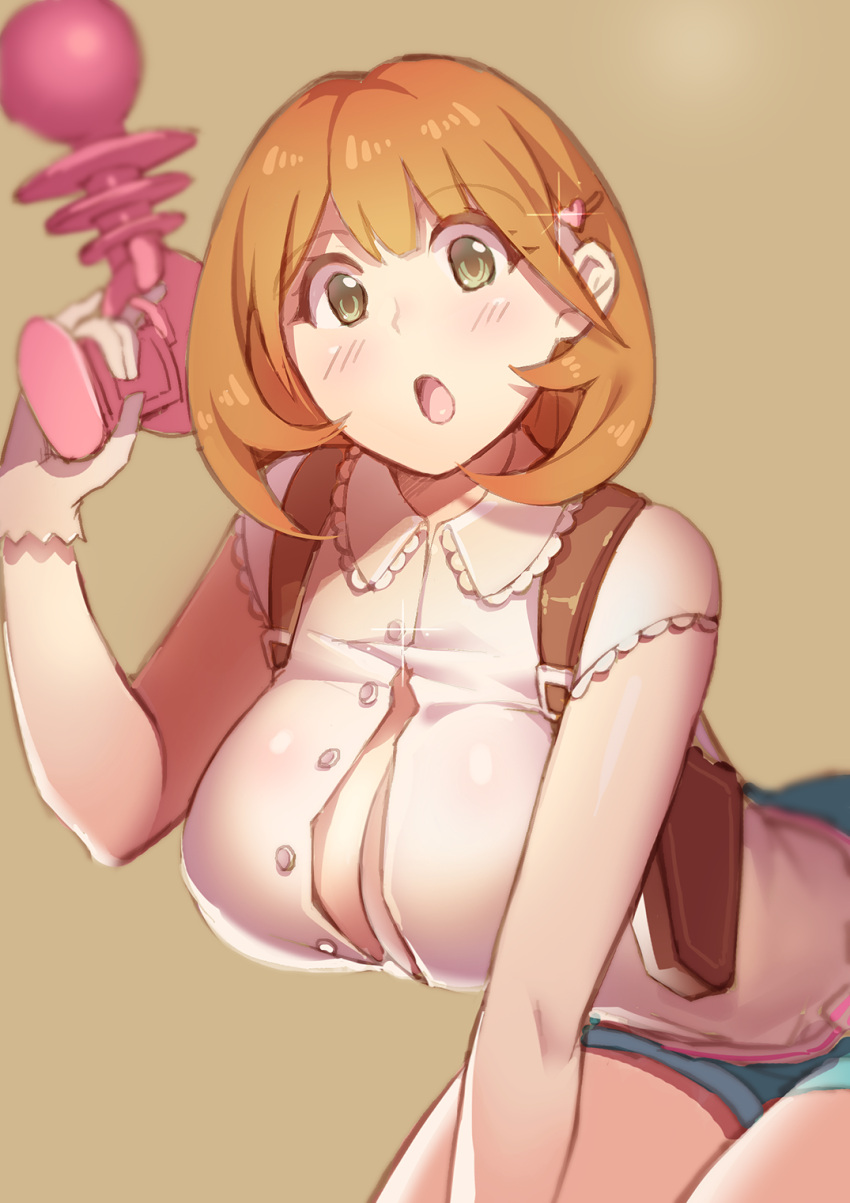 1girl, blush, breasts, brown_background, brown_eyes, brown_hair, buttons, cleavage