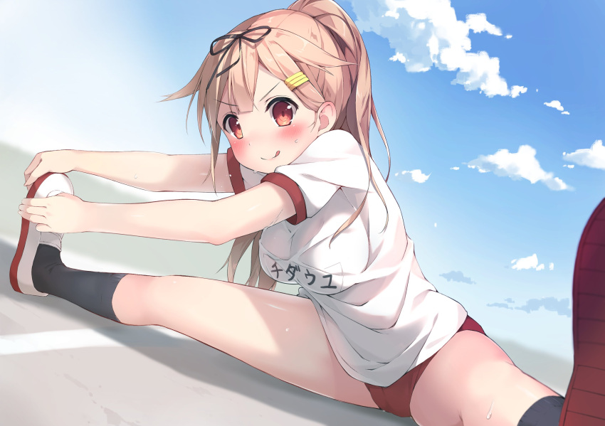 1girl, :q, alternate_costume, alternate_hairstyle, black_legwear, blonde_hair, breasts, buruma, clouds, cloudy_sky, commentary_request, ezoshika_gg, gym_uniform, hair_ornament, hair_ribbon, hairclip, highres, kantai_collection, long_hair, looking_at_viewer, medium_breasts, name_tag, outdoors, ponytail, red_eyes, remodel_(kantai_collection), ribbon, sky, solo, sportswear, stretch, tongue, tongue_out, yuudachi_(kantai_collection)