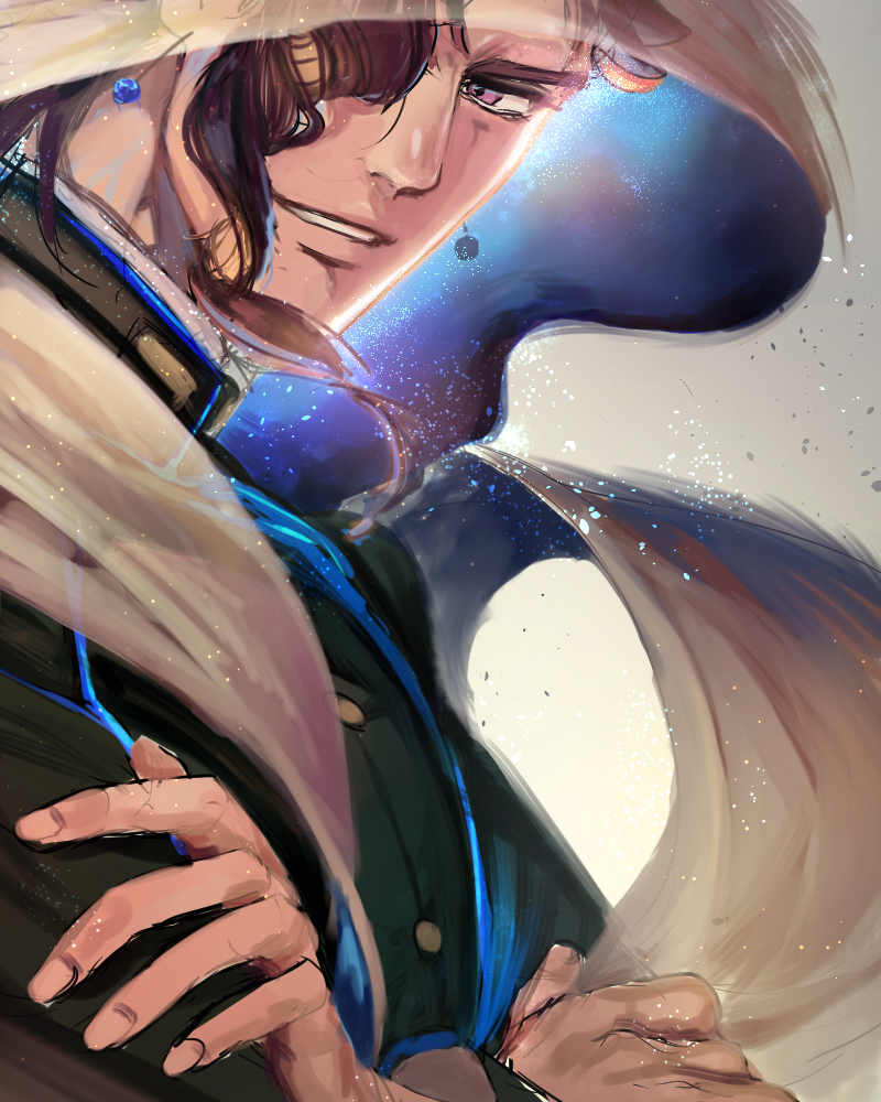 1boy, crossed_arms, earrings, gakuran, hair_over_one_eye, head_scarf, jewelry, jojo_no_kimyou_na_bouken, kakyouin_noriaki, male_focus, redhead, school_uniform, sekisei, smile, solo, upper_body, violet_eyes