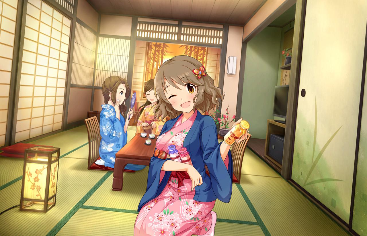 3girls, :d, ;d, artist_request, bottle, brown_eyes, brown_hair, closed_eyes