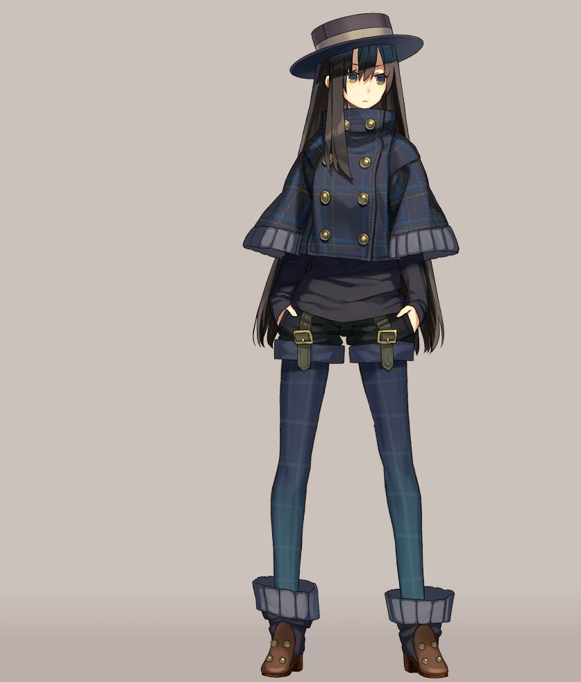 1girl, black_hair, character_request, fashion, female, hands_in_pockets, hat, leggings, short_shorts, shorts, solo, zaza_(x-can01)