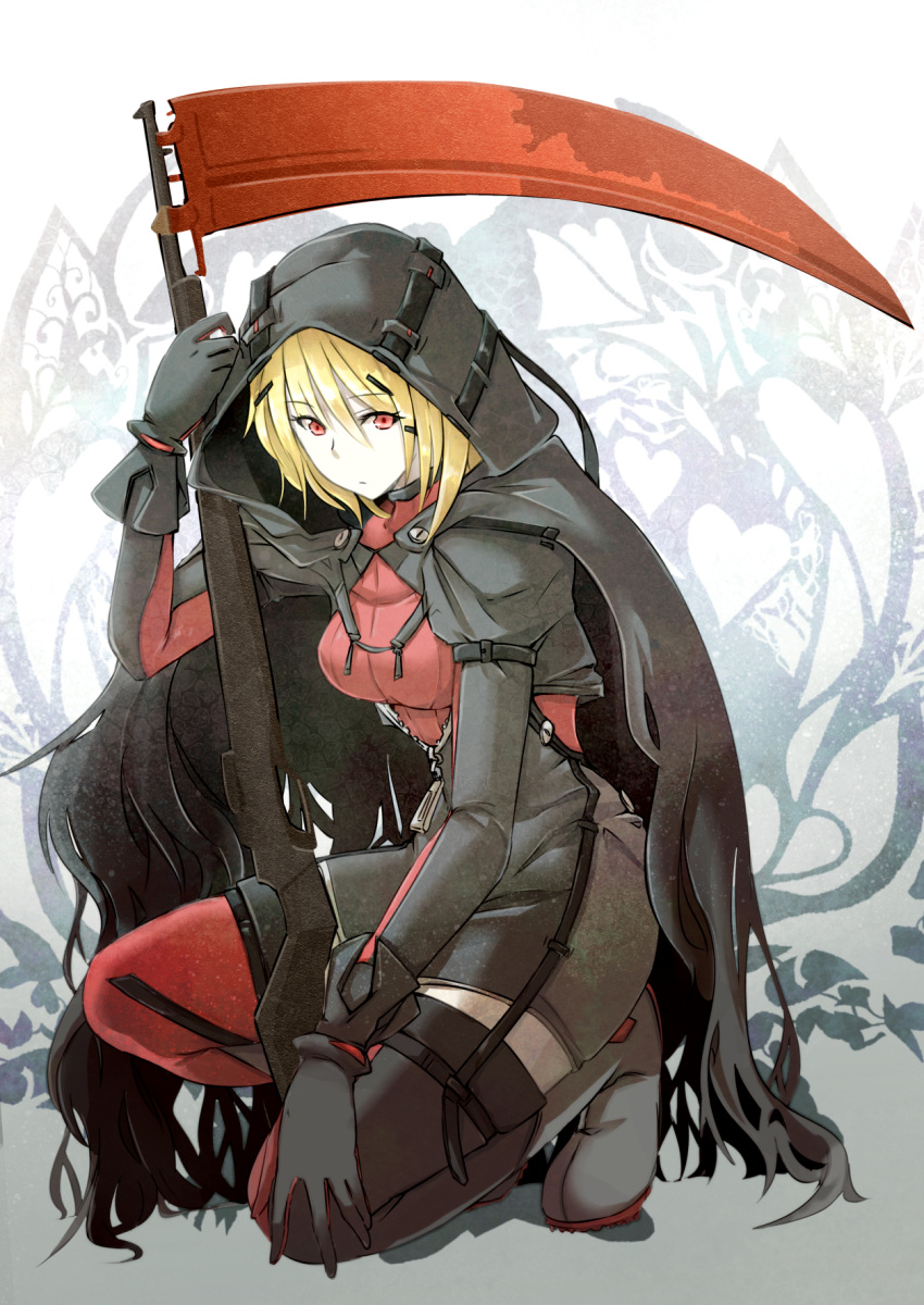 1girl, black_gloves, blonde_hair, boots, cibo_(killy), cloak, full_body, gloves