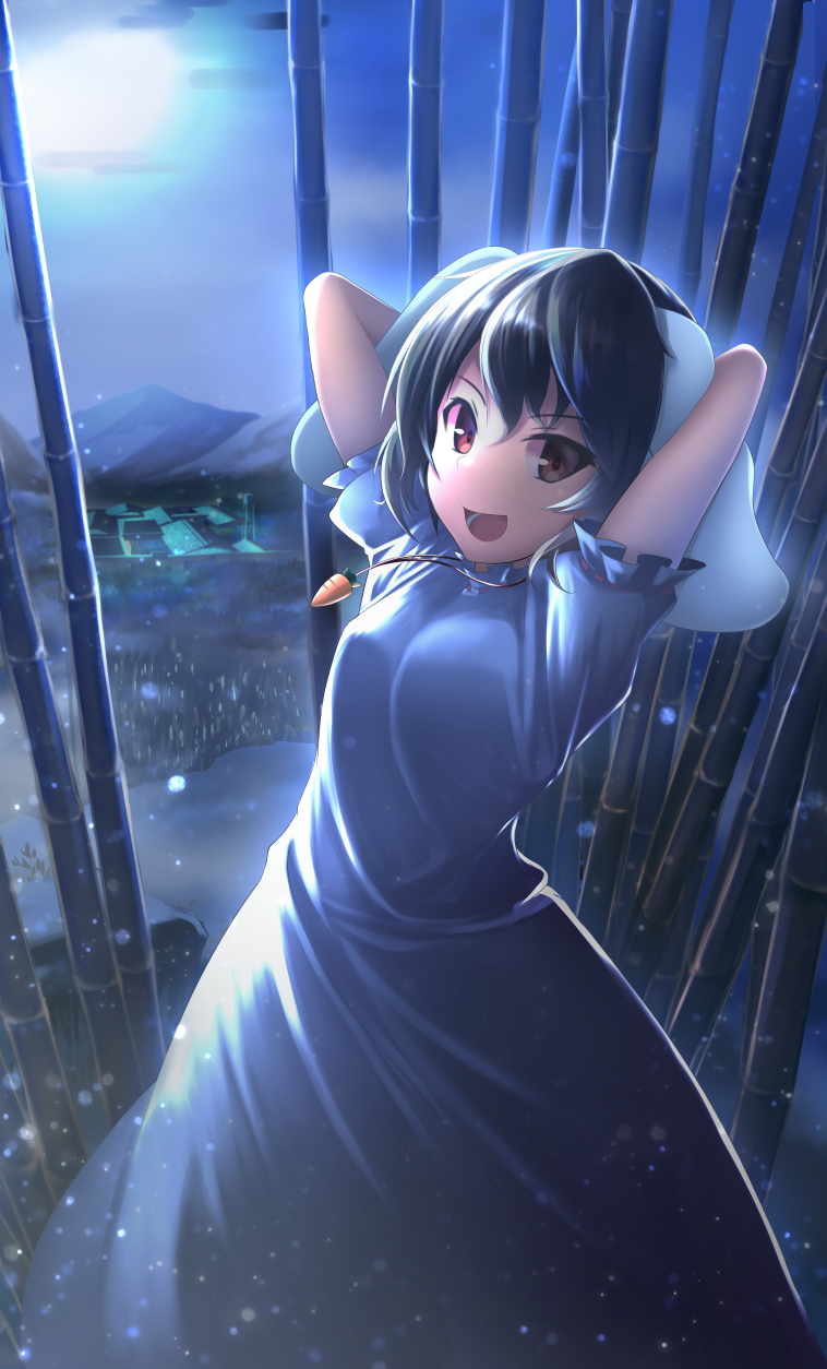 >:d, 1girl, :d, animal_ears, arms_behind_head, bamboo, bamboo_forest, black_hair