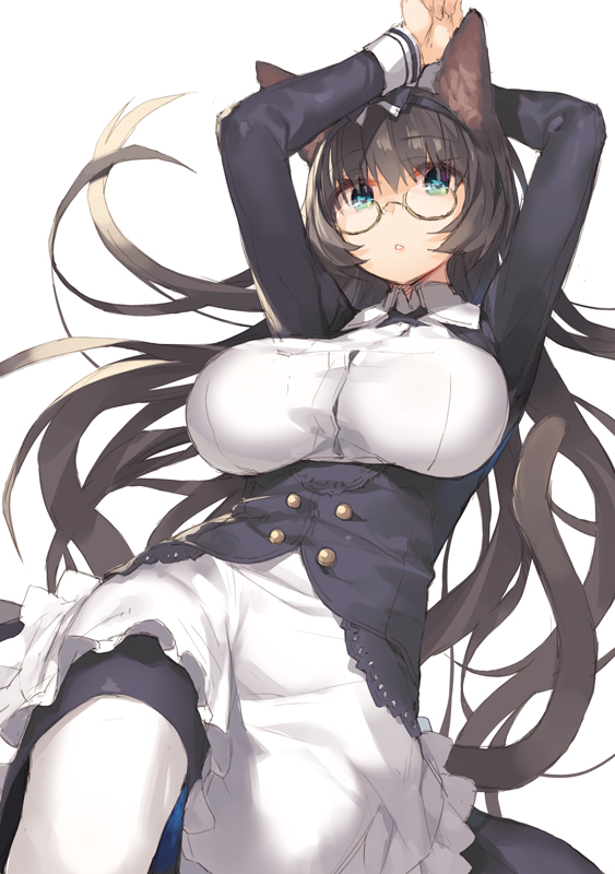 1girl, animal_ears, arms_up, black_hair, blue_eyes, blush, breasts, cat_ears