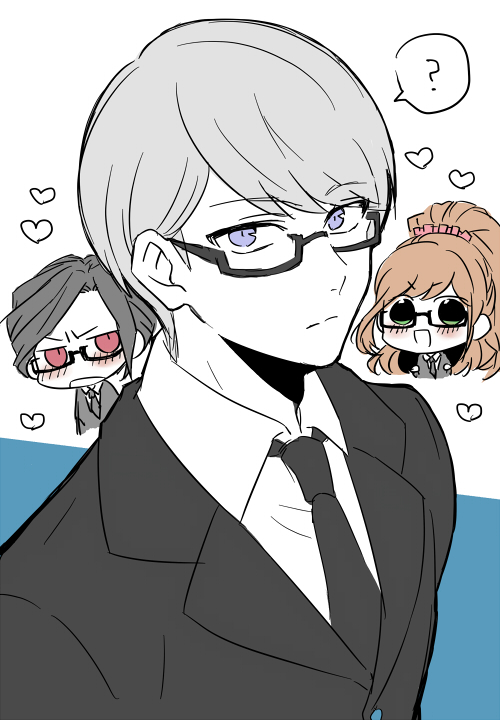 1girl, 2boys, blush, brown_hair, chibi, dangan_ronpa, dangan_ronpa_3, formal