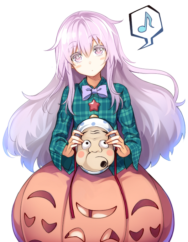 1girl, blush, bow, bowtie, bubble_skirt, hair_between_eyes, hata_no_kokoro, head_tilt