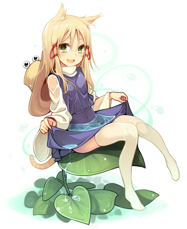 1girl, :d, animal_ears, blonde_hair, blue_skirt, blue_vest, blush, cat_ears, cat_tail, covered_navel, full_body, green_eyes, hair_ribbon, hat, hat_removed, headwear_removed, kemonomimi_mode, leaf, lifted_by_self, long_hair, looking_at_viewer, moriya_suwako, no_shoes, open_mouth, red_ribbon, ribbon, sidelocks, sitting, skirt, skirt_lift, skirt_set, smile, solo, tail, thigh-highs, touhou, tress_ribbon, uruu_gekka, water, wet, wet_clothes, white_legwear