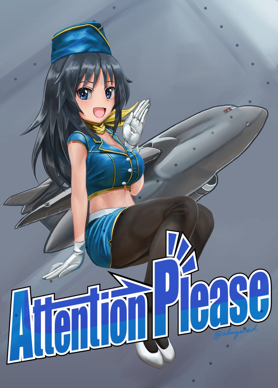1girl, abazu-red, aircraft, airplane, blue_eyes, breasts, flight_attendant, girls_und_panzer