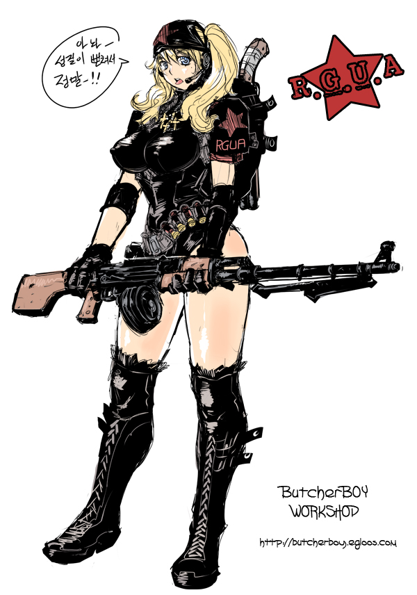 :p, blue_eyes, boots, bullet, butcherboy, gun, hat, korean, legs, rifle, rpd, russia, thigh-highs, thigh_boots, thighhighs, thighs, tongue, translated, translation_request, twintails, weapon