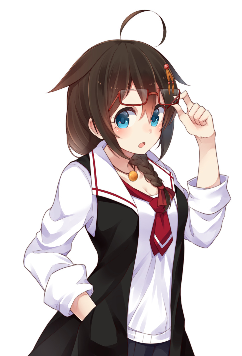 1girl, ahoge, alternate_costume, between_breasts, black_hair, blue_eyes, blue_skirt, braid
