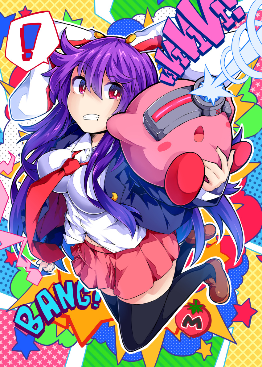 !, 1girl, absurdres, belly_peek, bent_knees, blazer, blush_stickers, breasts, brown_shoes, clenched_teeth, commentary_request, copy_ability, crossover, dress_shirt, eye_beam, full_body, highres, ishimu, jacket, kirby, kirby_(series), large_breasts, long_hair, looking_at_viewer, navel, necktie, open_blazer, open_clothes, open_jacket, open_mouth, pink_skirt, purple_hair, red_eyes, red_necktie, reisen_udongein_inaba, shirt, shoes, sidelocks, skirt, spoken_exclamation_mark, teeth, touhou, white_shirt