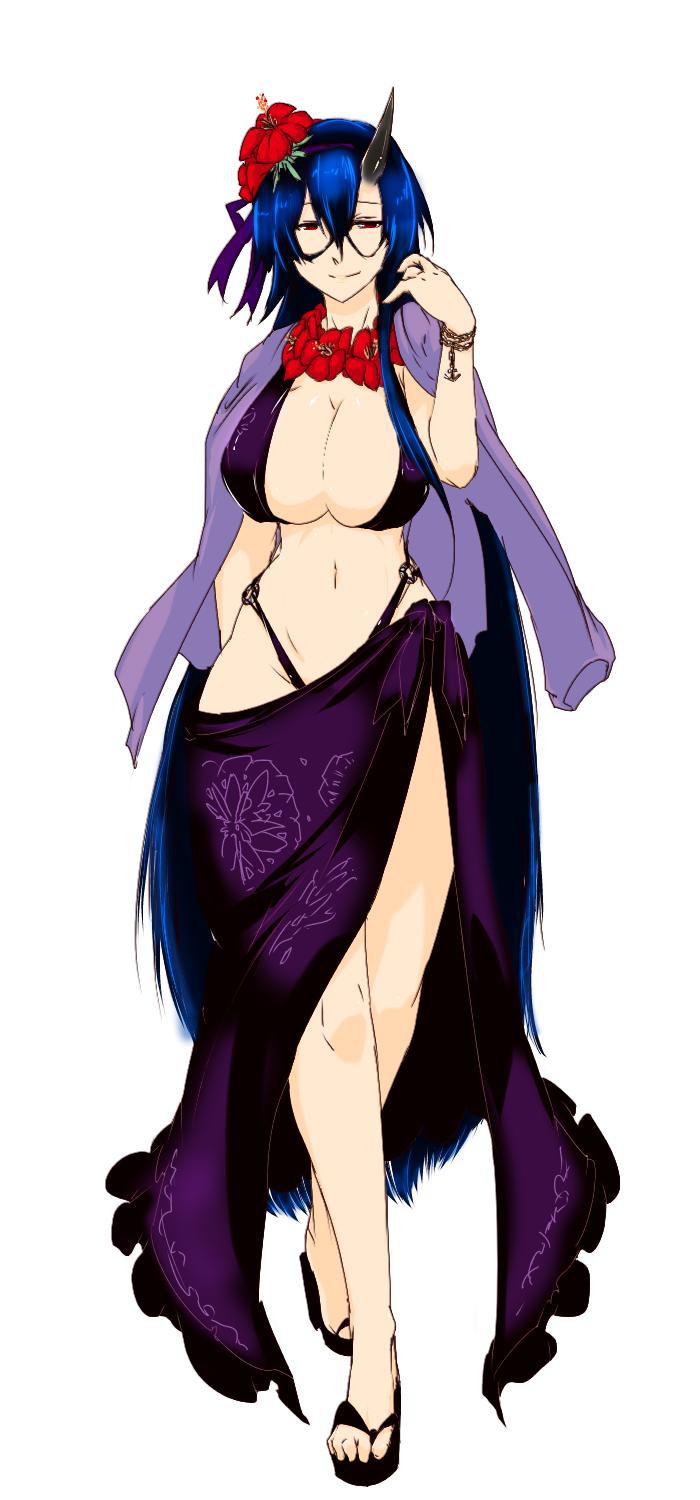 1girl, battleship_water_oni, bikini, black_bikini, blue_hair, breasts, cleavage, clothes_on_shoulders