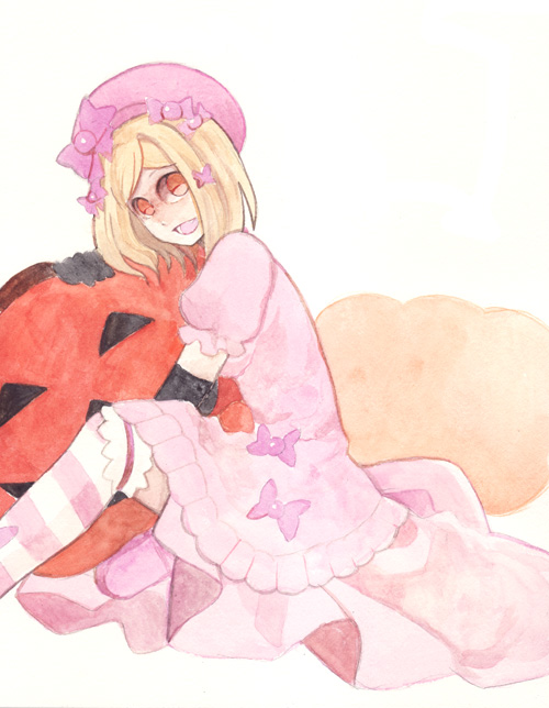 beret, blonde_hair, dress, elbow_gloves, gloves, hat, lambdadelta, orange_eyes