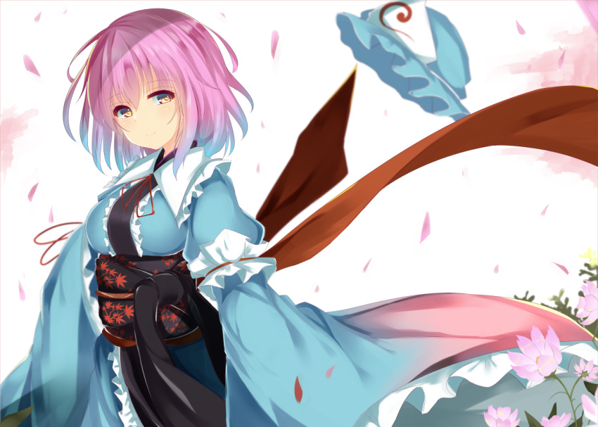 1girl, blue_dress, brown_eyes, cherry_blossoms, dress, flower, hat, hat_removed