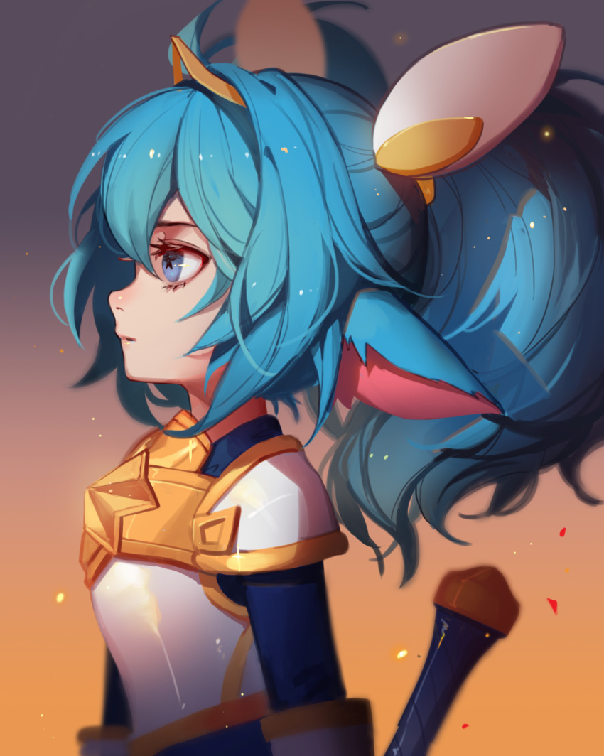 1girl, alternate_costume, alternate_hairstyle, blue_eyes, blue_gloves, blue_hair, breastplate, fang