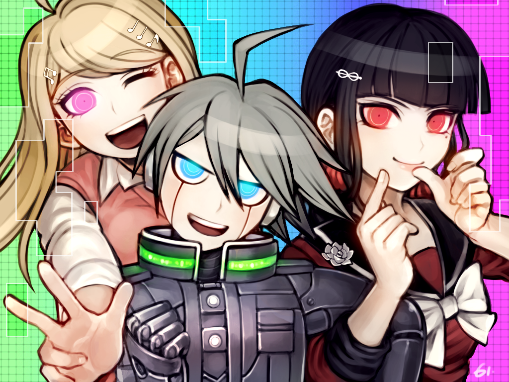 1boy, 2girls, ;d, ahoge, akamatsu_kaede, android, bangs, beamed_quavers
