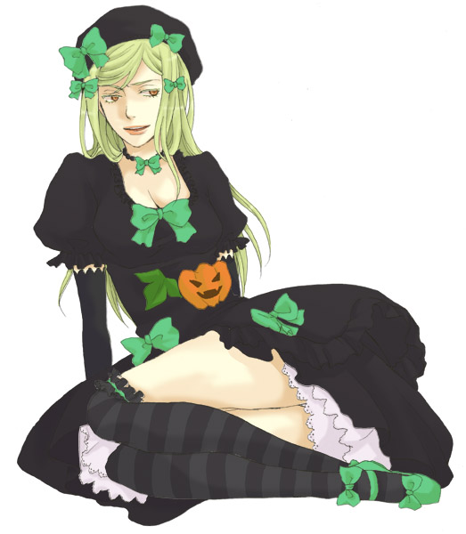 blonde_hair, breasts, cosplay, crossover, dress, elbow_gloves, frills, garters, gloves, hat, higurashi_no_naku_koro_ni, higurashi_no_naku_koro_no, inao_(roc-ca), lambdadelta, lambdadelta_(cosplay), lingerie, long_hair, miyo_takano, orange_eyes, petticoat, pumpkin, ribbon, smile, solo, takano_miyo, thigh-highs, thighhighs, umineko_no_naku_koro_ni, underwear