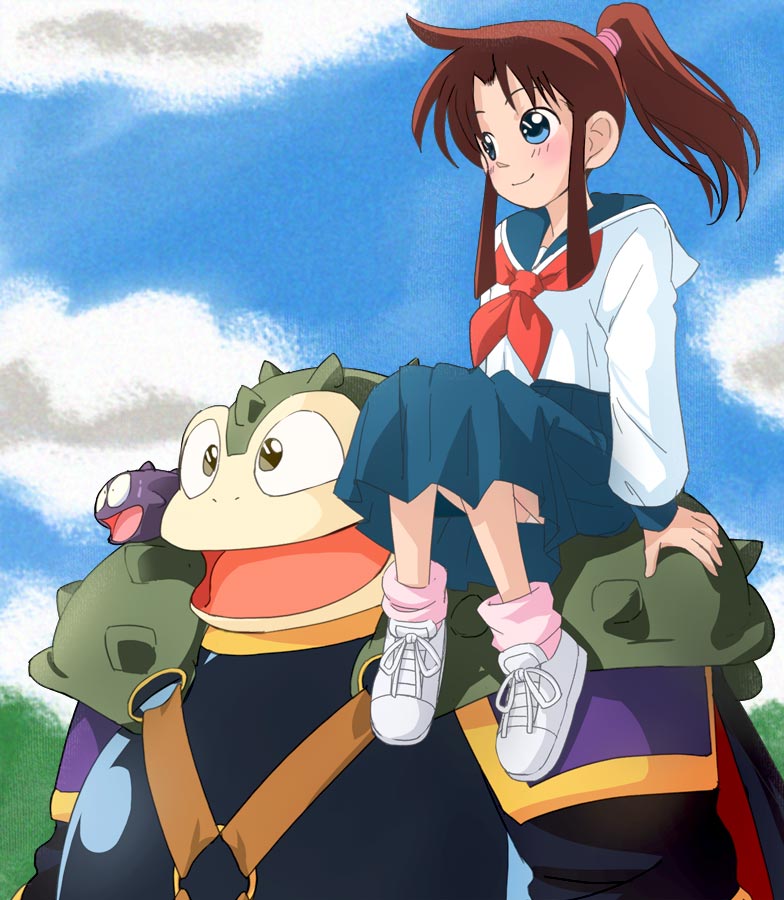 1girl, blue_eyes, blue_skirt, brown_hair, character_request, haruyama_kazunori, long_sleeves, mine_sayaka