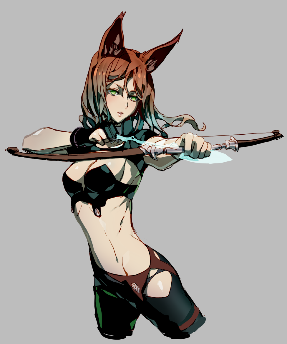animal_ears, bow_(weapon), emje_(uncover), green_eyes, nadine_(unlight), unlight, weapon