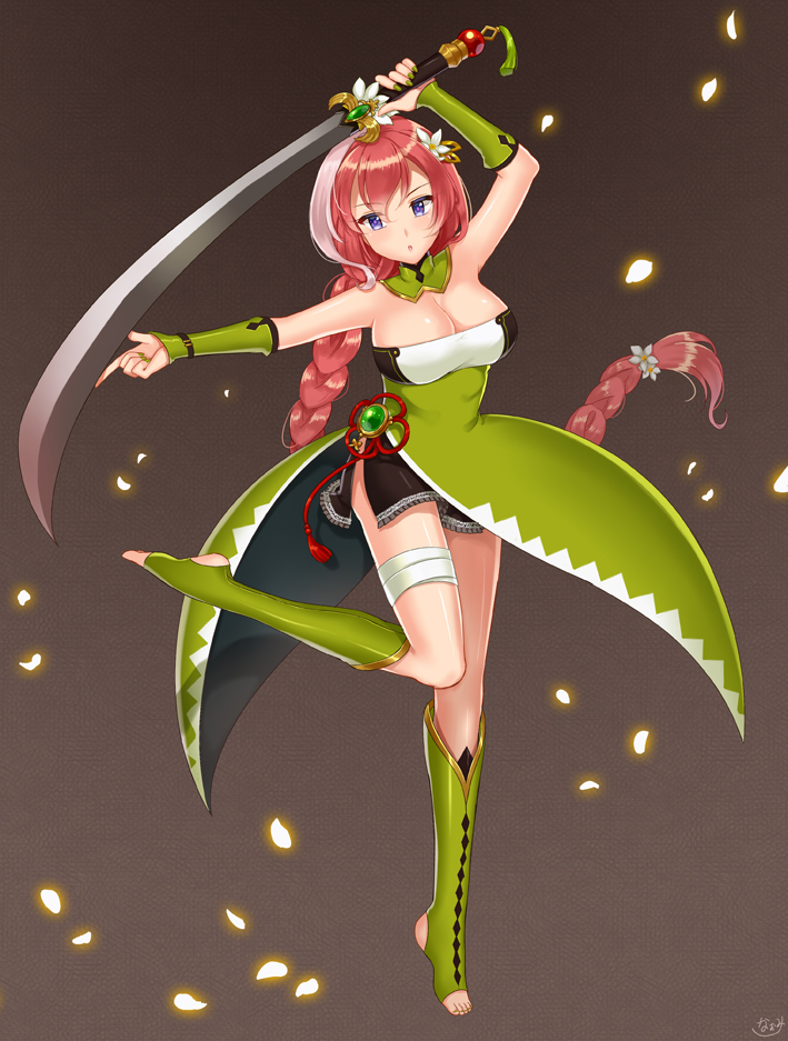 barefoot, braid, breasts, bridal_gauntlets, dress, fighting_stance, flower, hair_flower