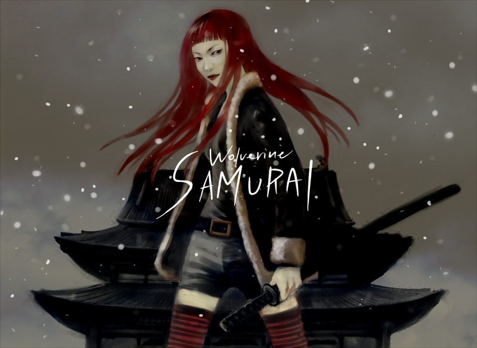 1girl, architecture, belt, copyright_name, east_asian_architecture, fur_trim, jacket, katana, long_hair, marvel, redhead, snowing, solo, sword, the_wolverine, thigh-highs, weapon, x-men, yukio_(marvel)