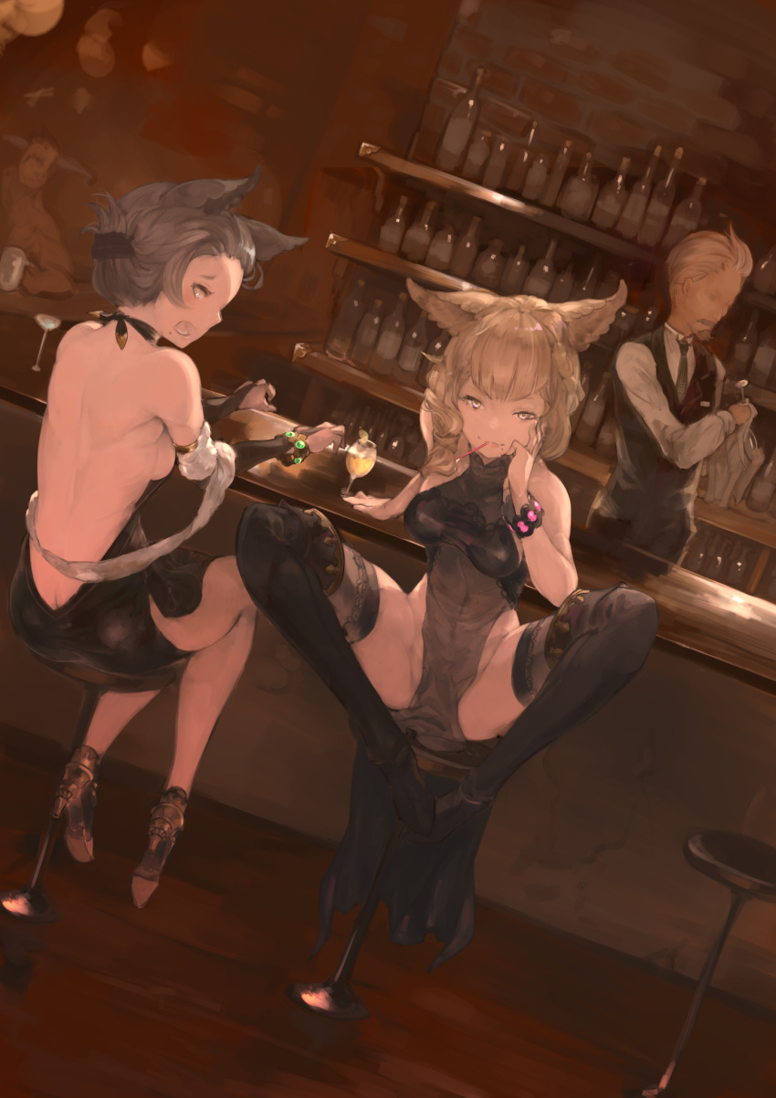 2girls, animal_ears, back, bar, bartender, black_dress, black_legwear, bottle