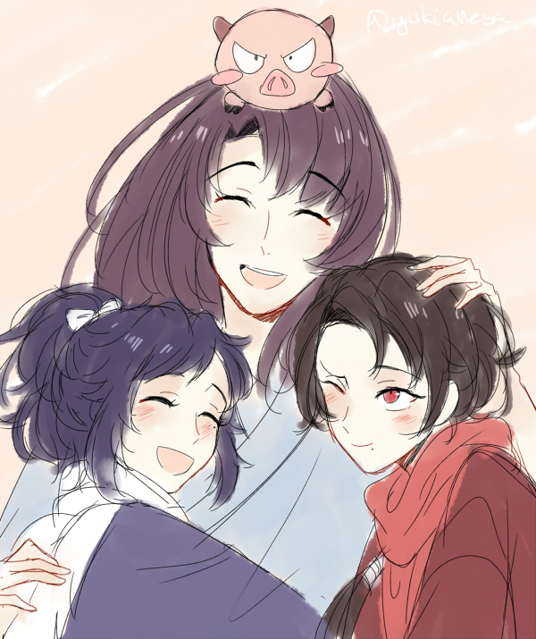 3boys, black_hair, blue_hair, blush, brown_hair, closed_eyes, crossover, japanese_clothes