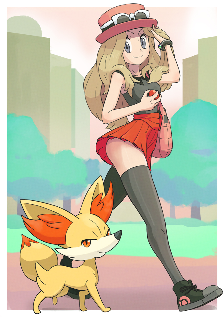 1girl, adjusting_hair, bag, black_legwear, blonde_hair, bracelet, brown_hair, fennekin, glasses_on_hat, grey_eyes, handbag, hat, holding, holding_poke_ball, jewelry, long_hair, looking_at_viewer, outdoors, poke_ball, pokemon, pokemon_(creature), red_eyes, red_skirt, serena_(pokemon), shoes, side_glance, skirt, smile, smug, sunglasses, thigh-highs, walking