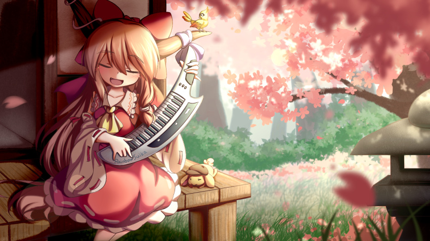 1girl, architecture, ascot, bird, bow, bush, cherry_blossoms, closed_eyes