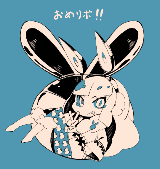 1girl, animal_ears, blue_background, blue_revolver, chibi, coat, earmuffs, fake_animal_ears