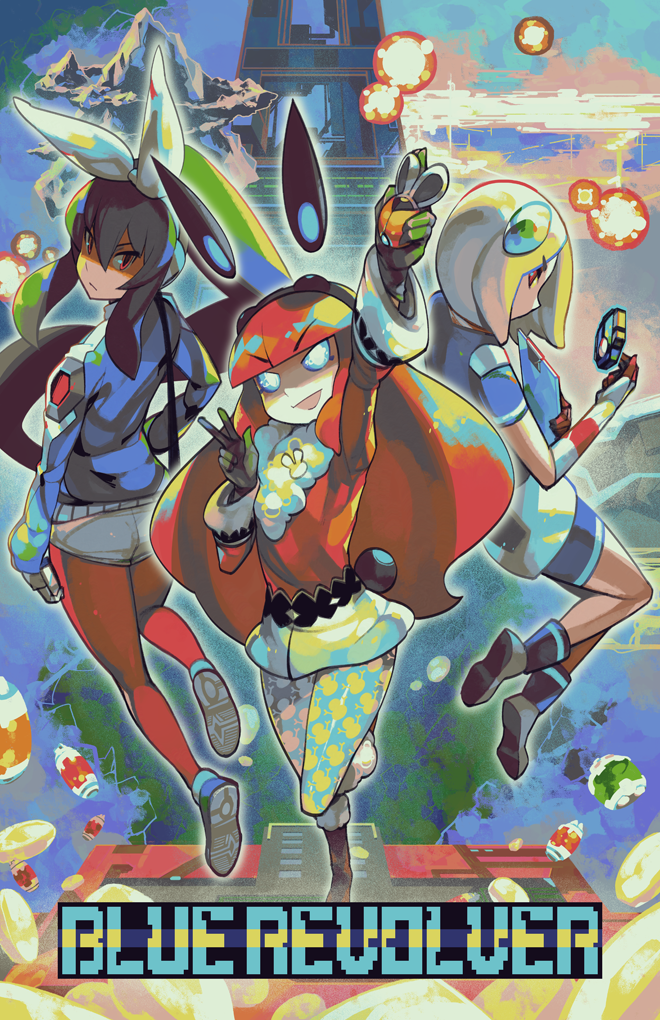 3girls, animal_ears, black_gloves, black_hair, blonde_hair, blue_revolver, blue_sclera, cover_image
