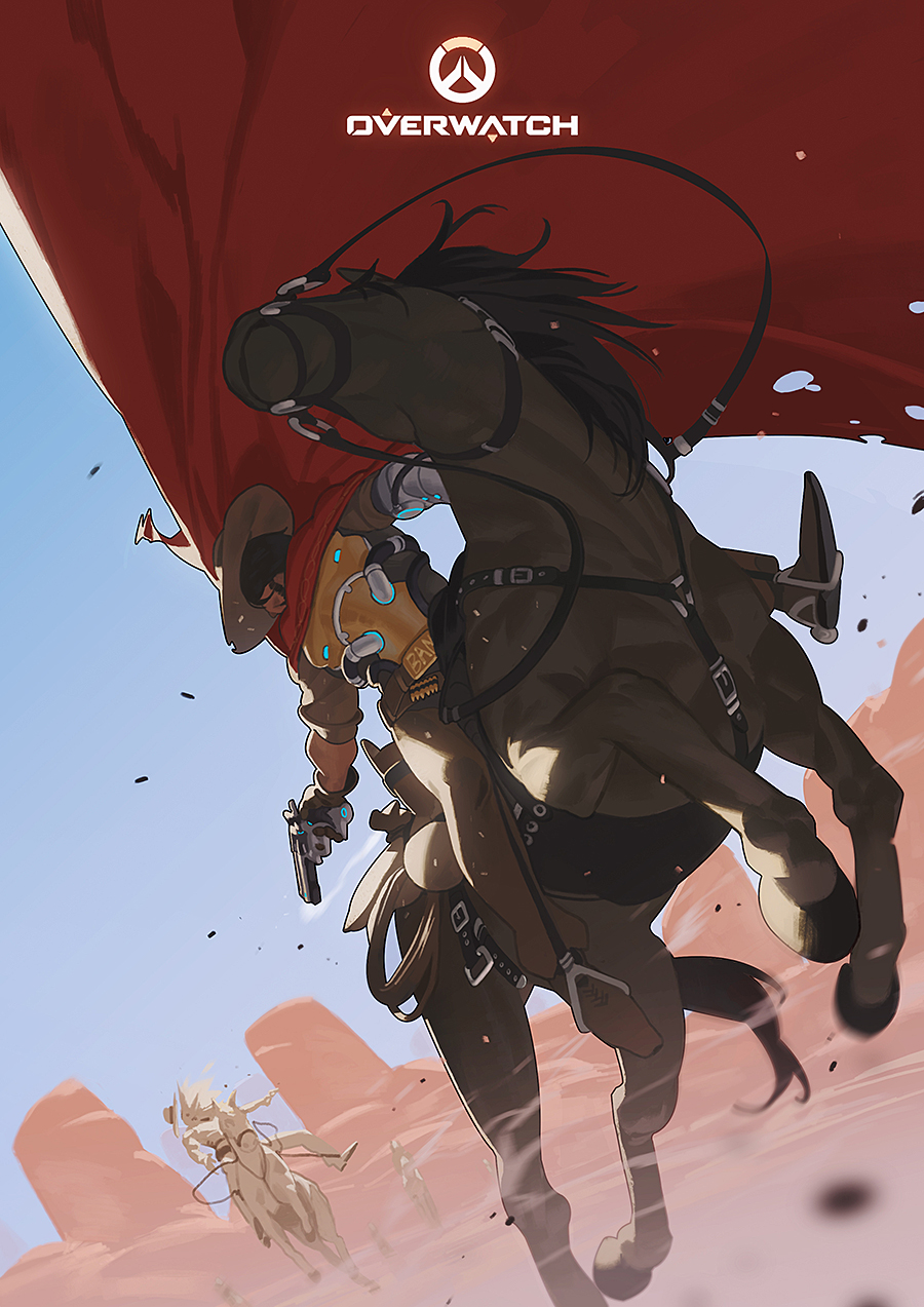 1boy, action, aiming, animal, battle, beard, belt, black_hair, brown_pants, brown_shoes, bullet, cape, chasing, copyright_name, cowboy_hat, cross-laced_footwear, day, desert, dust, dutch_angle, facial_hair, finger_on_trigger, fleeing, from_below, gloves, glowing, gun, handgun, hat, highres, horse, horseback_riding, lan_se_fangying, looking_back, mccree_(overwatch), motion_blur, outdoors, outstretched_arm, overwatch, pants, red_cape, riding, shoes, short_sleeves, sideburns, sky, smoke, solo_focus, torn_cape, weapon, whip